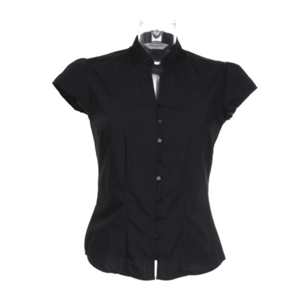 Poplin Contintental Blouse Mandarin Collar Cap Sleeve
