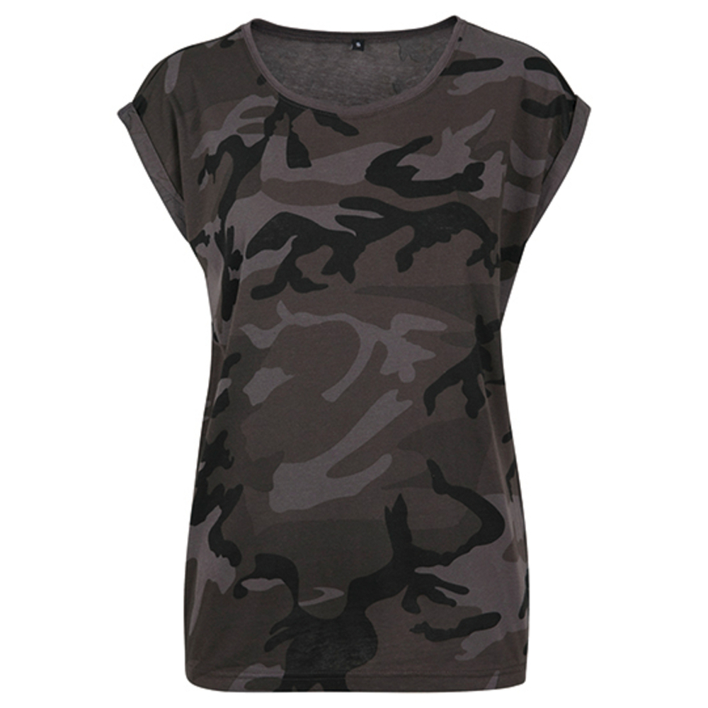 Camiseta de camuflaje con hombros extendidos para mujer