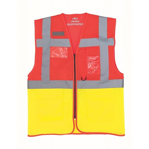 YOKO Hi-Vis Top Cool Recycled Open Mesh Executive Waistcoat (Red, Hi-Vis Yellow, 3XL)