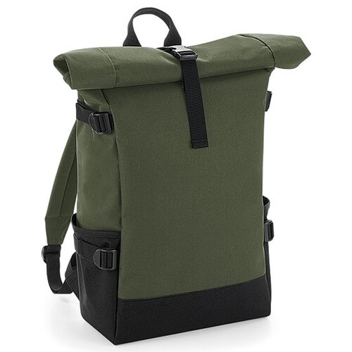 BagBase Block Roll-Top Backpack (Olive Green, Black, 28 x 48 x 15 cm)