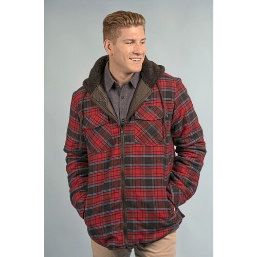 Burnside Men's Flannel Jacket With Sherpa Hoodie (Grey - Blue (Checked), XL)