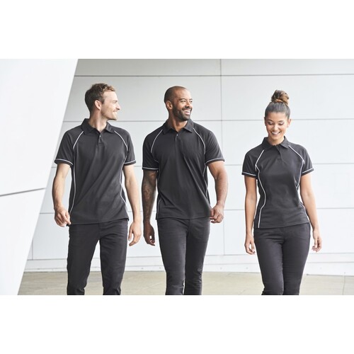 Find+Hales Ladies' Piped Performance Polo (White, Black, Black, S)