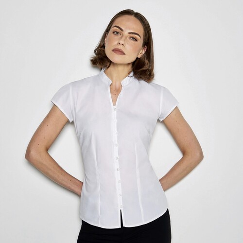 Kustom Kit Tailored Fit Mandarin Collar Poplin Blouse Cap Sleeve (White, 46 (3XL/20))