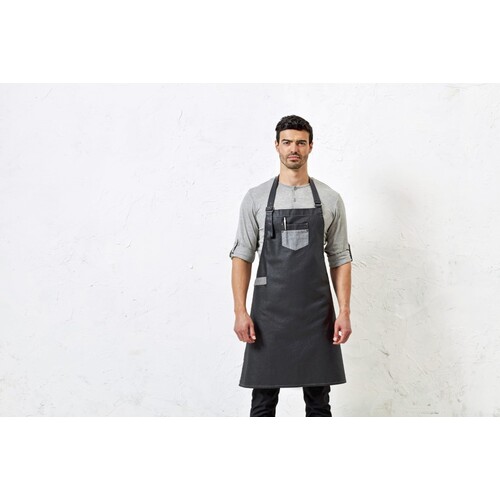 Division Waxed Look Denim Bib Apron With Faux Leather