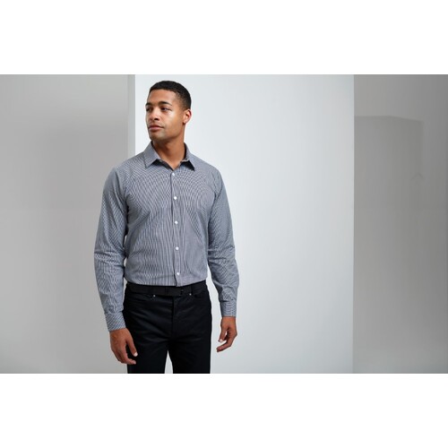 Premier Workwear Men´s Microcheck (Gingham) Long Sleeve Cotton Shirt (Black (ca. Pantone Black C), White, XS)