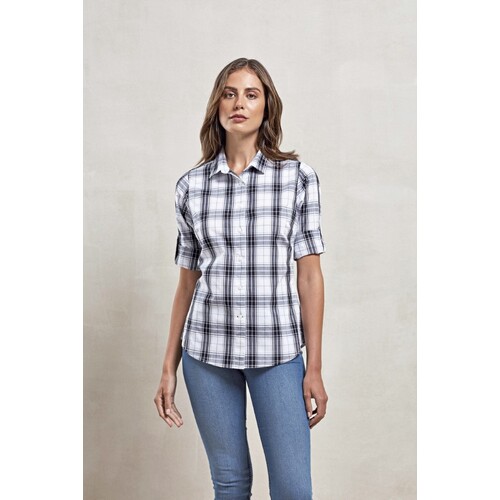 Premier Workwear Women´s Ginmill Check Long Sleeve Cotton Shirt (Black (ca. Pantone Black C), White, XS)