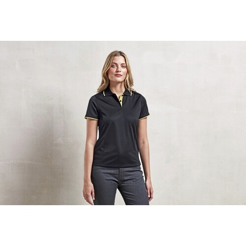 Premier Workwear Women's Contrast Coolchecker® Polo (Black, Orange (ca. Pantone 1655), XS)