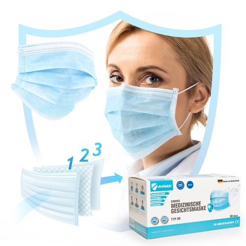 Virshields® Medical Face Mask Typ IIR (Pack of 50) (White, 175 x 90 mm)