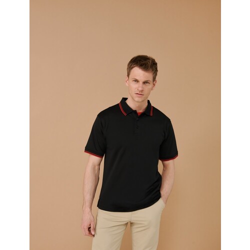 Henbury Men´s Coolplus® Short Sleeved Tipped Polo Shirt (Black, Red, XS)