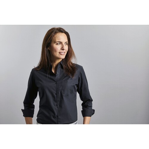 Russell Collection Ladies´ Long Sleeve Classic Pure Cotton Poplin Shirt (Black, XS)