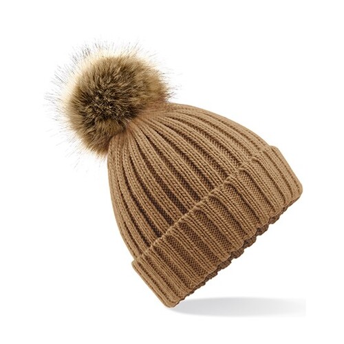 Beechfield Faux Fur Pop Pom Chunky Beanie (Biscuit, One Size)