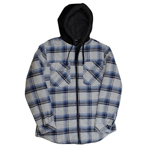 Burnside Men's Flannel Jacket With Sherpa Hoodie (Grey - Blue (Checked), XL)