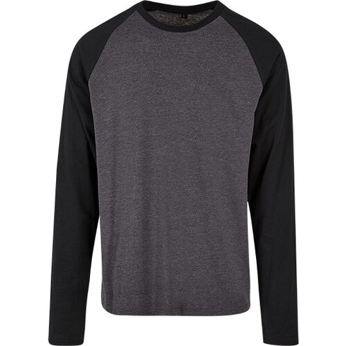 Build Your Brand Basic Men's Contrast Raglan Longsleeve T-Shirt (Charcoal, Black, XXL)