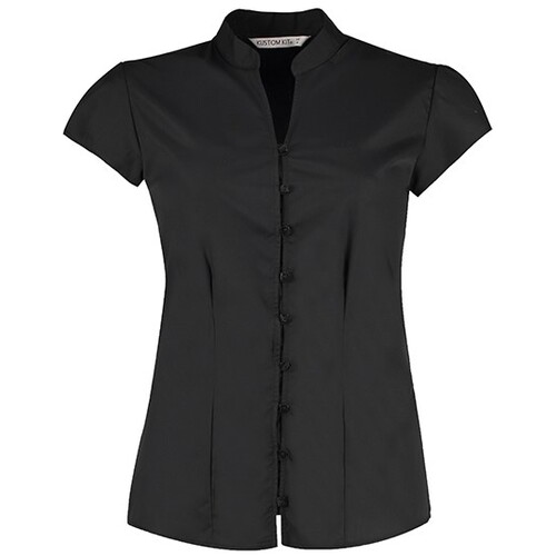 Kustom Kit Tailored Fit Mandarin Collar Poplin Blouse Cap Sleeve (Black, 34 (XS/8))