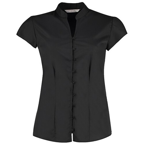 Tailored Fit Poplin Contintental Blouse Mandarin Collar Cap Sleeve